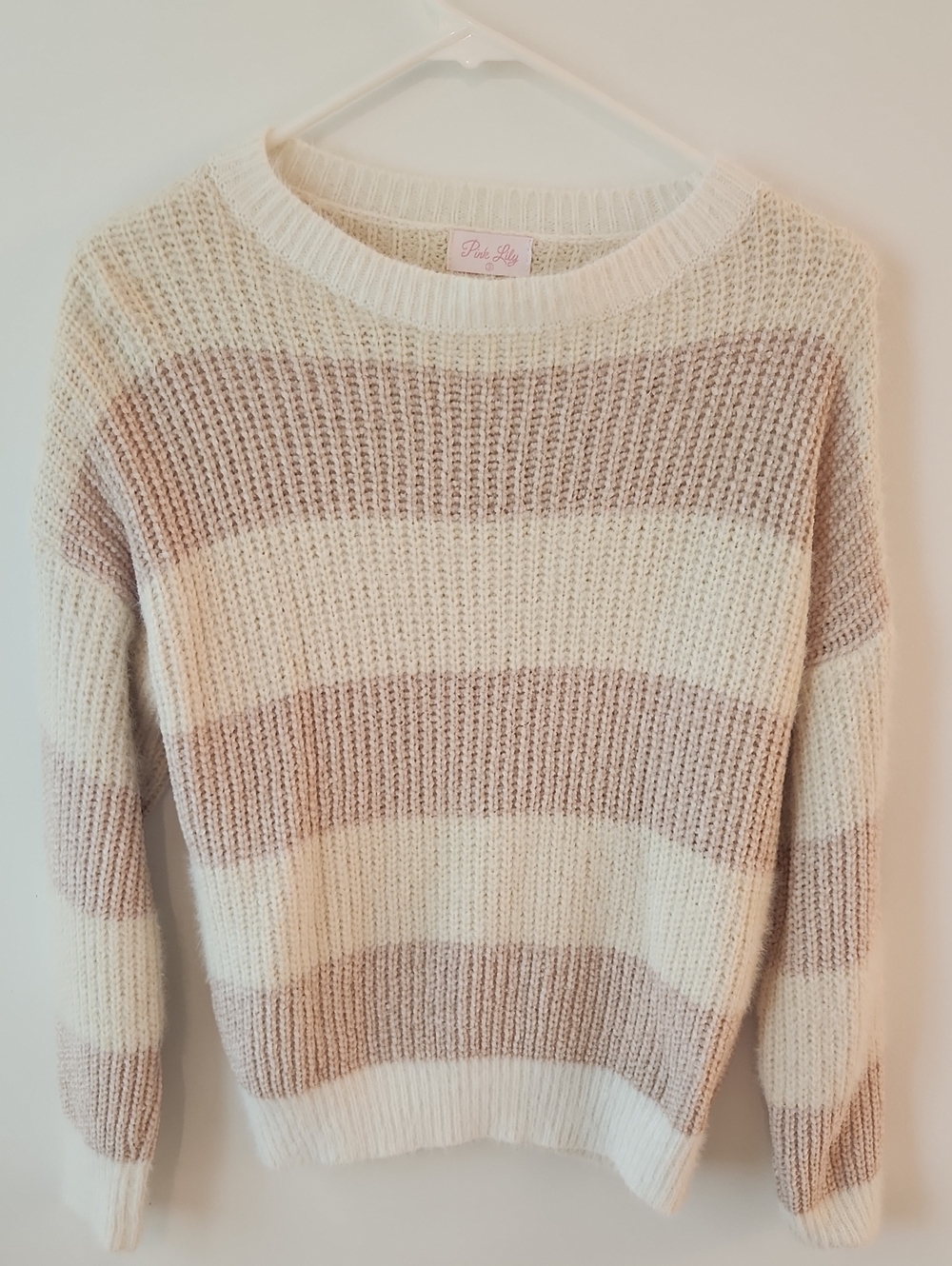 Pink Lily Blush and Cream Striped Crewneck Sweater